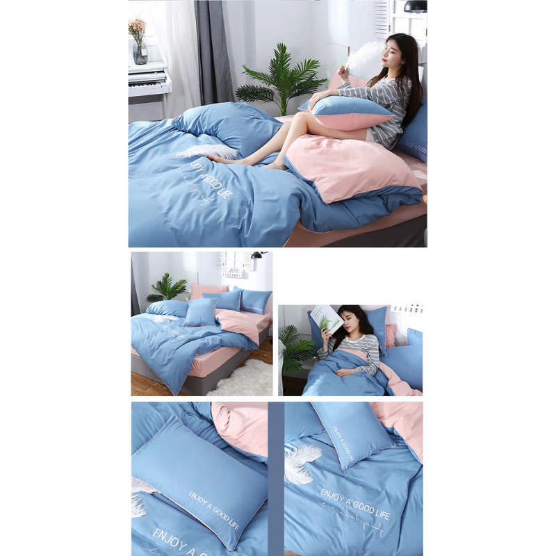 Simple solid color double duvet cover pillowcase bed sheet set-blue