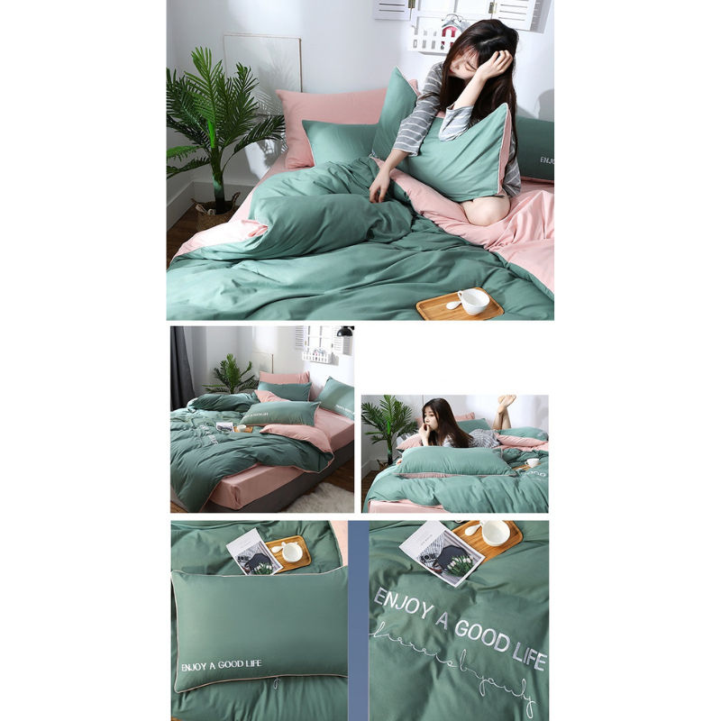 Simple solid color double duvet cover pillowcase sheet set-green