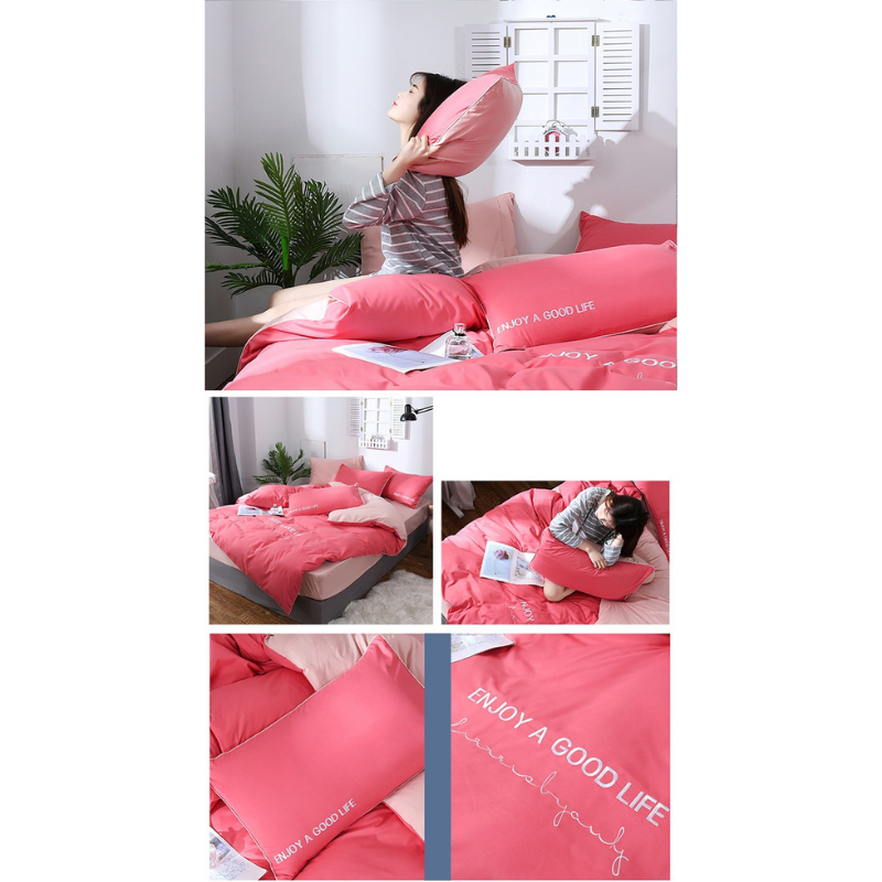 Simple solid color double duvet cover pillowcase sheet set-pink