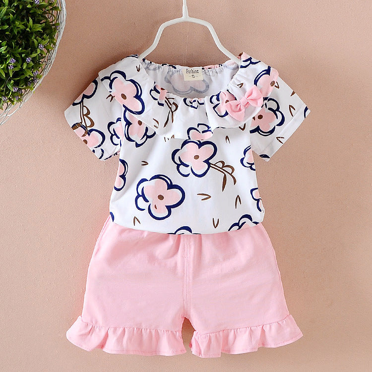 Selected children's clothingFull body short sleeve suit with small flowers-pink 100CM