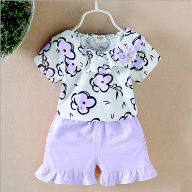 Selected children's clothingFull body small flower short-sleeved suit-purple 90CM