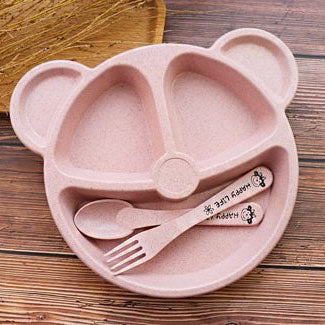 Eco-friendly wheat panda shape children's dinner plate 3-piece set-pink