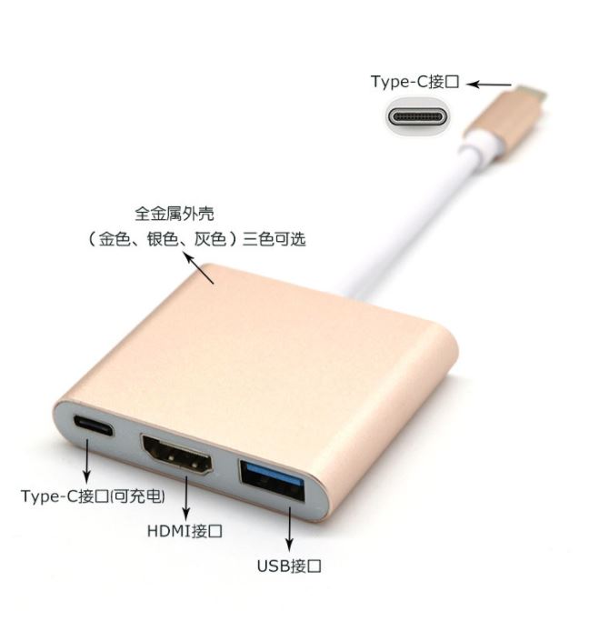 3 in 1 Type-C Multi-function Converter Type-C to Type-C/USB3.0/HDMI (Gold) Splitter Expander USB HUB